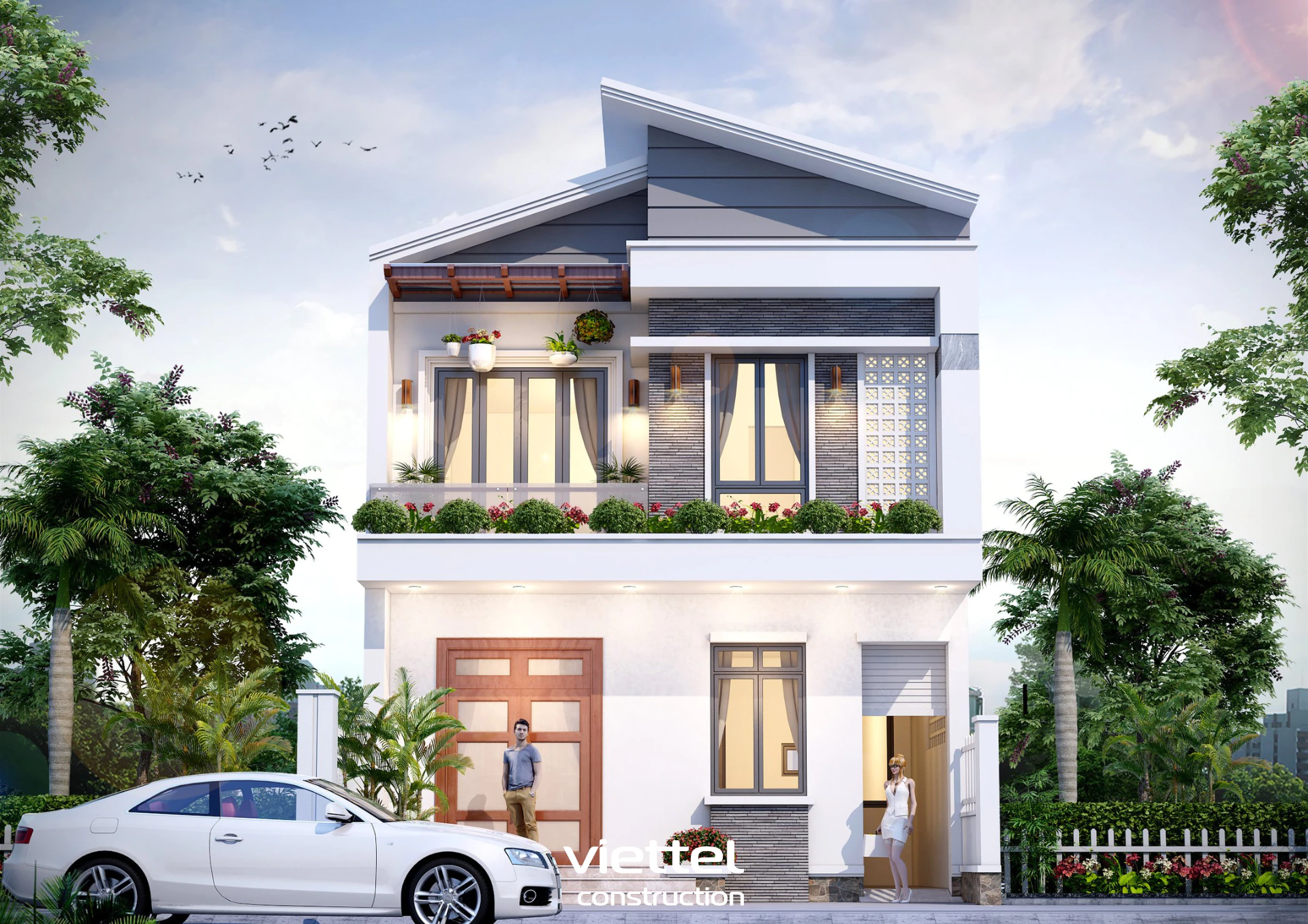 Mẫu nhà phố hiện đại mái chéo 2 tầng - NPHDAMC02040